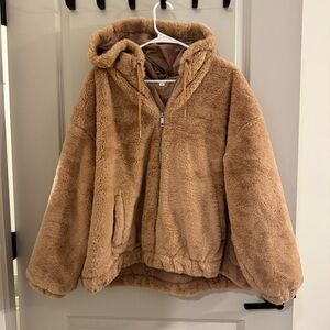 Time and Tru Plush Hooded Zip Jacket - Light Brown